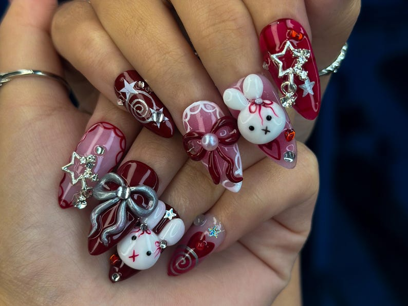 Gothic Bunny Dream Press On Nails | Red And Pink Festive Nail Art | 3D Bunny & Bow Charms | Starry Holiday Glam Nails | OB1177BC