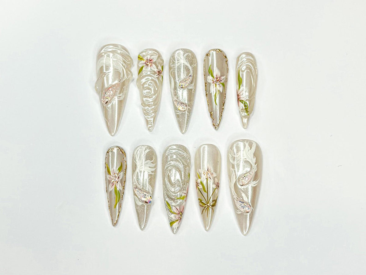 Ethereal Floral Press On Nails | Pearl Chrome Stiletto Nails | 3D White Flower Nails | Luxury Bridal Nails | Elegant Handmade Nail| OB1296NC