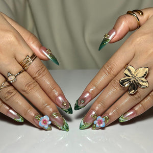 3D Floral Press On Nails | Green Leaf Pink Chrome Nails | Handmade Flower Nail Art | Elegant Spring Nails | Luxury Almond Nails | OC1308NC