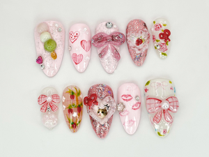 Pink Bow Romance Press On Nails | Cat, Heart & Ribbon Themed Nail Art | Custom Cat Nail Designs | Cute and Sparkly Pet Nail Art | OC556HC
