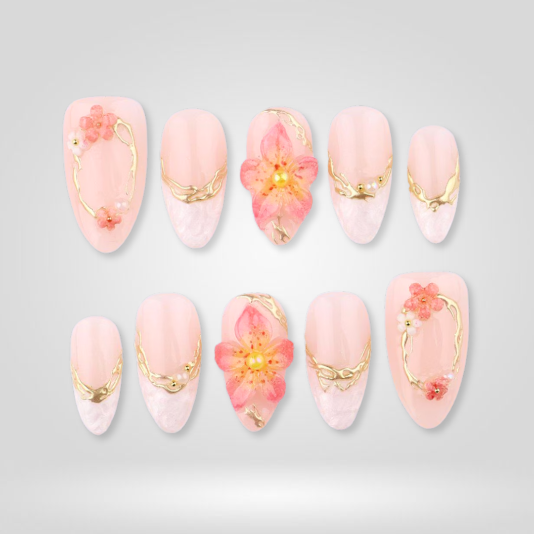 Coral Charm 3D Flower Gold Press-On Nails - Aninail