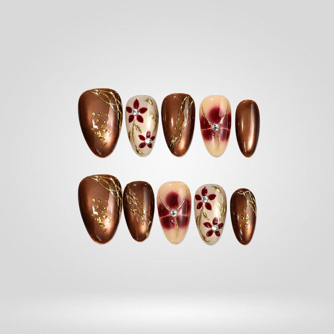 Rosewood Veil Brown Floral Gold Press-On Nails - Aninail