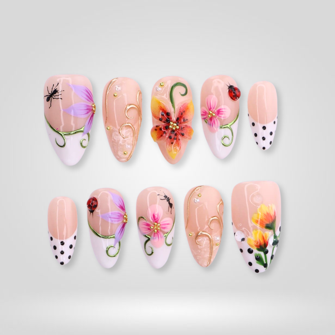 Garden Whimsy Polka-Dot Floral Press-On Nails - Aninail