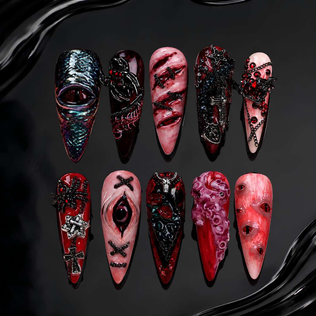 Crimson Ritual 3D Floral Press-On Nails - Aninail