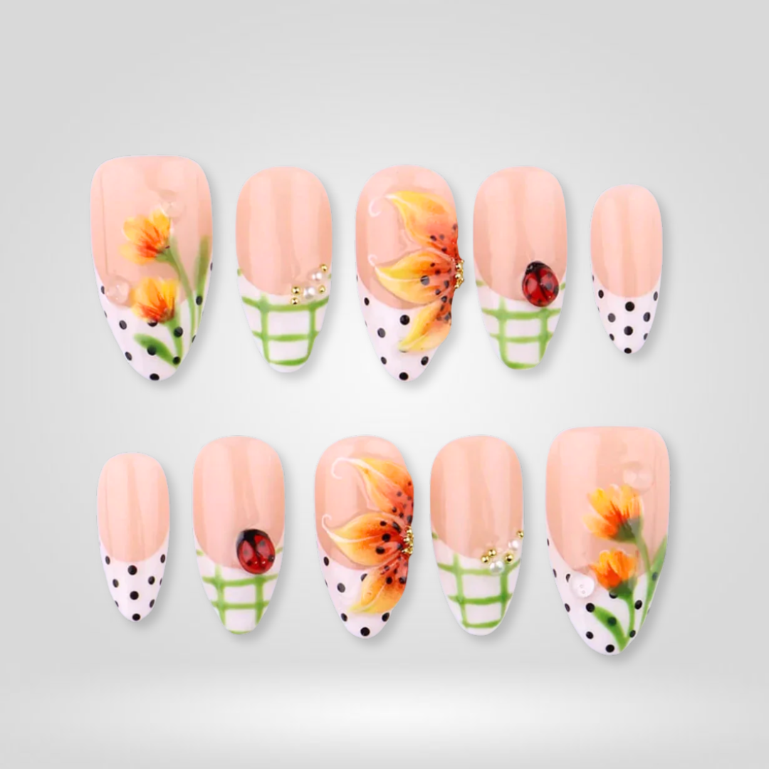 Peach Picnic 3D Ladybug Floral Press-On Nails - Aninail
