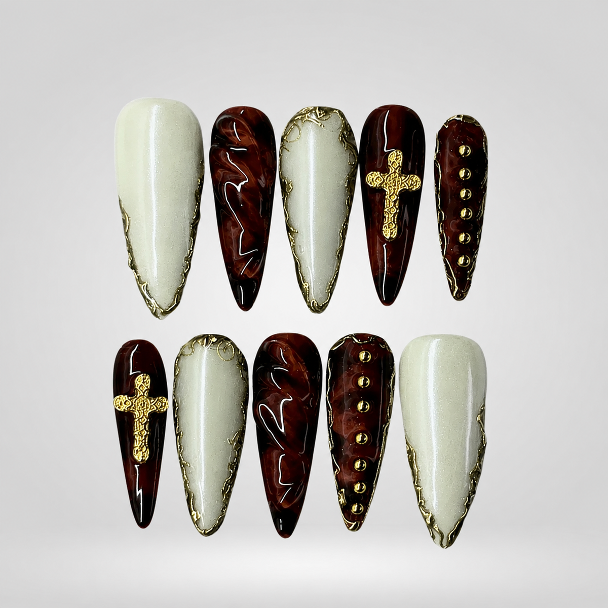 Ivory Cross Pearl & Gold Press-On Nails - Aninail