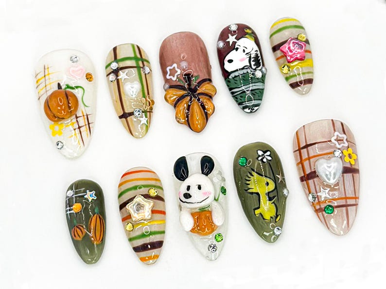 Cute Autumn Press-On Nails| 3D Cartoon & Rustic Style | Hand-Painted Nail Art | Unique Fall Nail Art | Autumn-Themed Press-On Nails|OB588LC