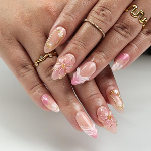 Blush Bloom Elegance Press On Nails with 3D Floral Accents| Gold Details & Pink Ombre| Suitable for Wedding| Events or Gift for Her OC828LK