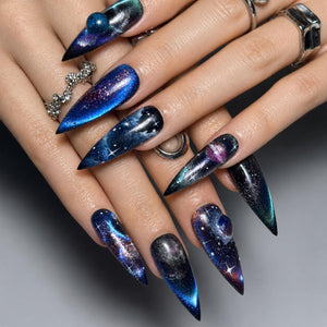 Galaxy Space Press On Nails Long Stiletto • 3D Planet Art • Nebula Milky Way Handpainted Stars • Festival Rave Party • OB1362LG