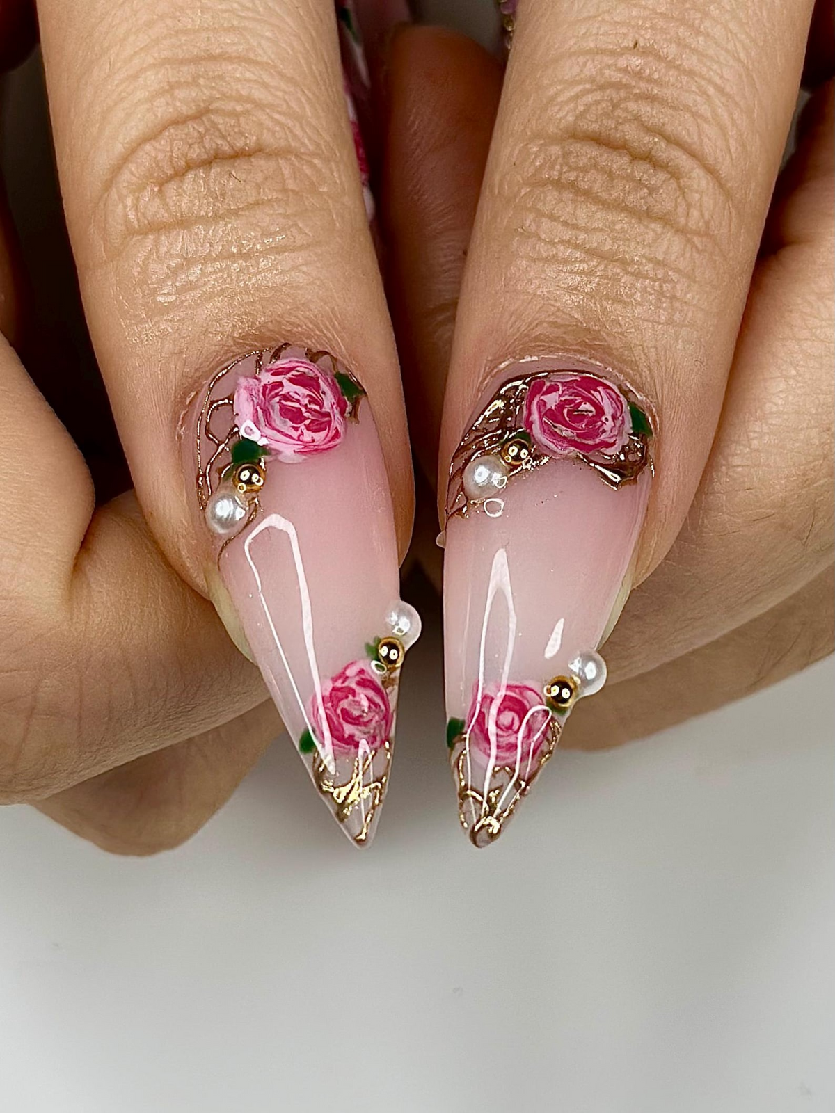 Vintage Rose Stiletto Press On Nails | Pink Rose Bridal Nails for Women | French Tip Floral Nails | Pearl Gold Nail| Romantic Nail |OB1276HC
