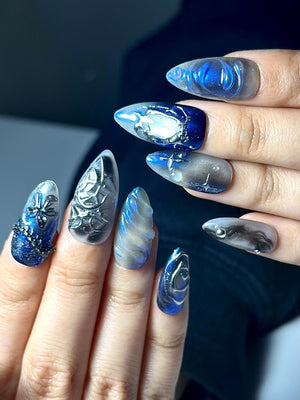 Galaxy Gothic Press On Nails | Dark Blue Chrome Cat Eye Nails | Celestial Star Night Nail Art | Handmade Cosmic Gel Nails | OB328IC