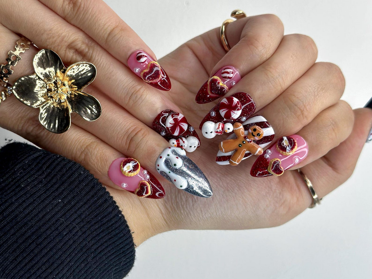 Gingerbread Red Christmas Press On Nails | 3D Christmas Cookie Nail | Peppermint & Snowman Holiday Nails| Red Glitter Festive Nails |OB216HC
