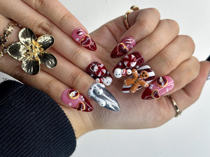 Gingerbread Red Christmas Press On Nails | 3D Christmas Cookie Nail | Peppermint & Snowman Holiday Nails| Red Glitter Festive Nails |OB216HC