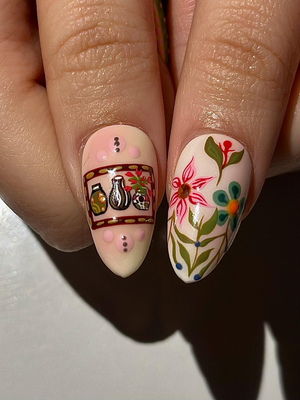 Hand Painted Vintage Floral Fake Nails | European Folk Art Nail Design | Soft Pastel Art Nails | Storybook Style Press Ons| OB304H