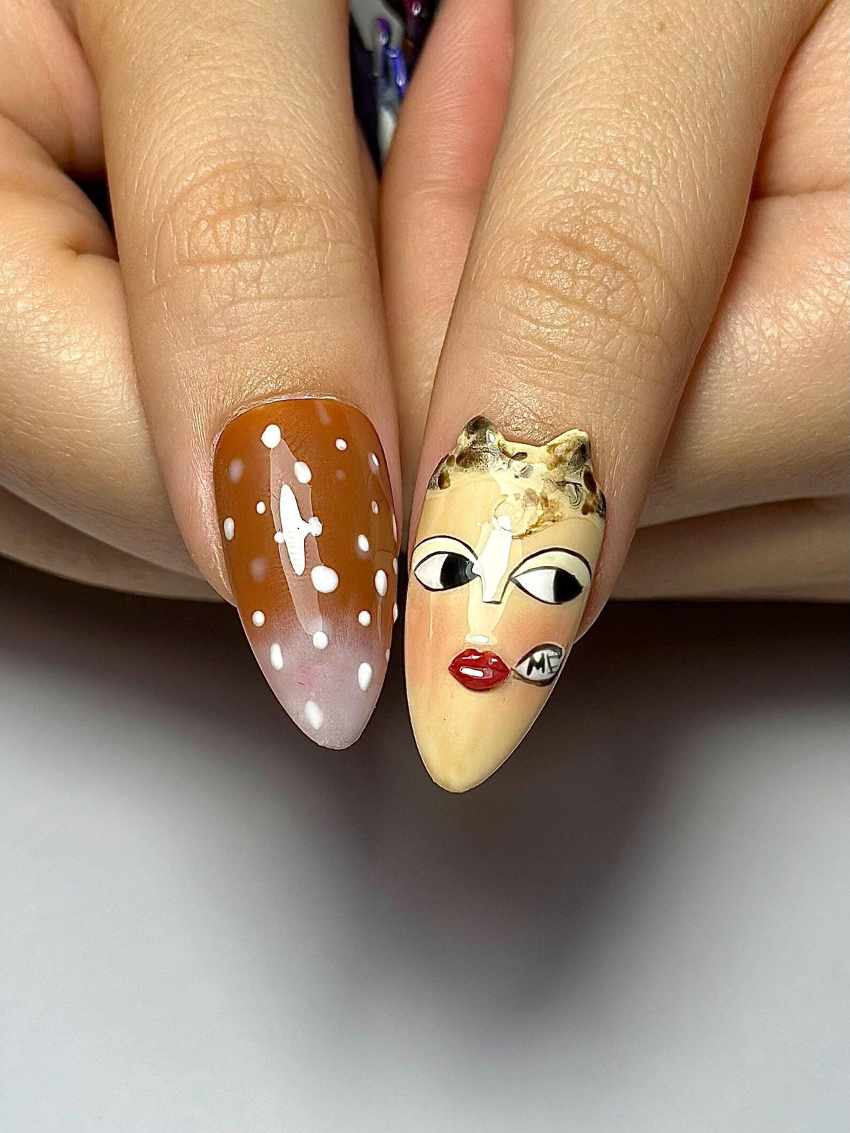 Vintage Doll Face Press On Nails | Abstract Portrait Nail Art | 3D Orchid Nails |Indie Fashion Aesthetic Press Ons |Handmade Nails | OB382HK