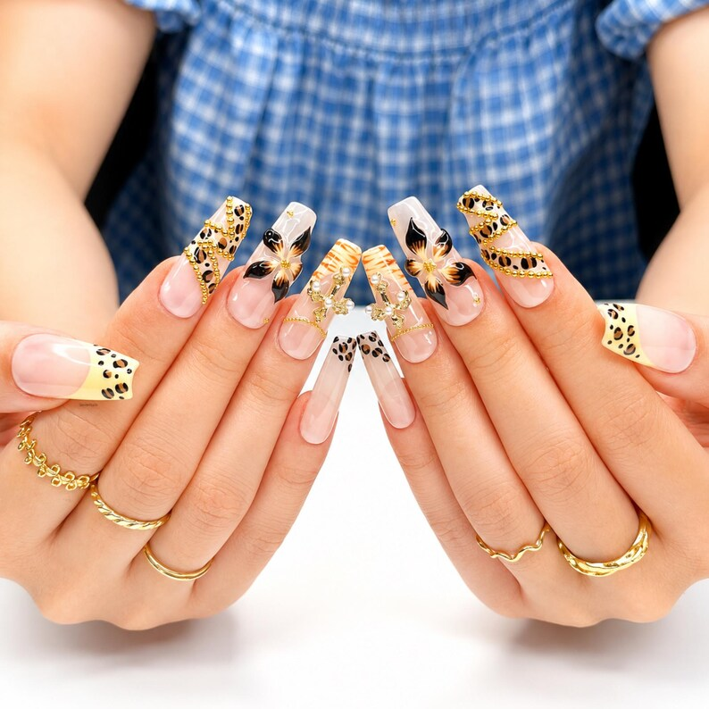 Cheetah Leopard Print Fake Nails • Gold Cross Pearl Charm Coffin Shape • Reusable Glue On Nails • Vacation Party Gift for Her • OB438ZG