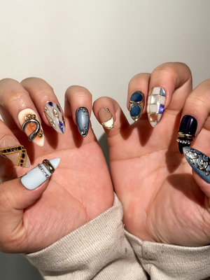 Luxury Blue Silver Press On Nails | Nude Gilded Ring Nail Art | Nude & Steel Statement Nails | High Fashion Almond Nails | OB1023EC
