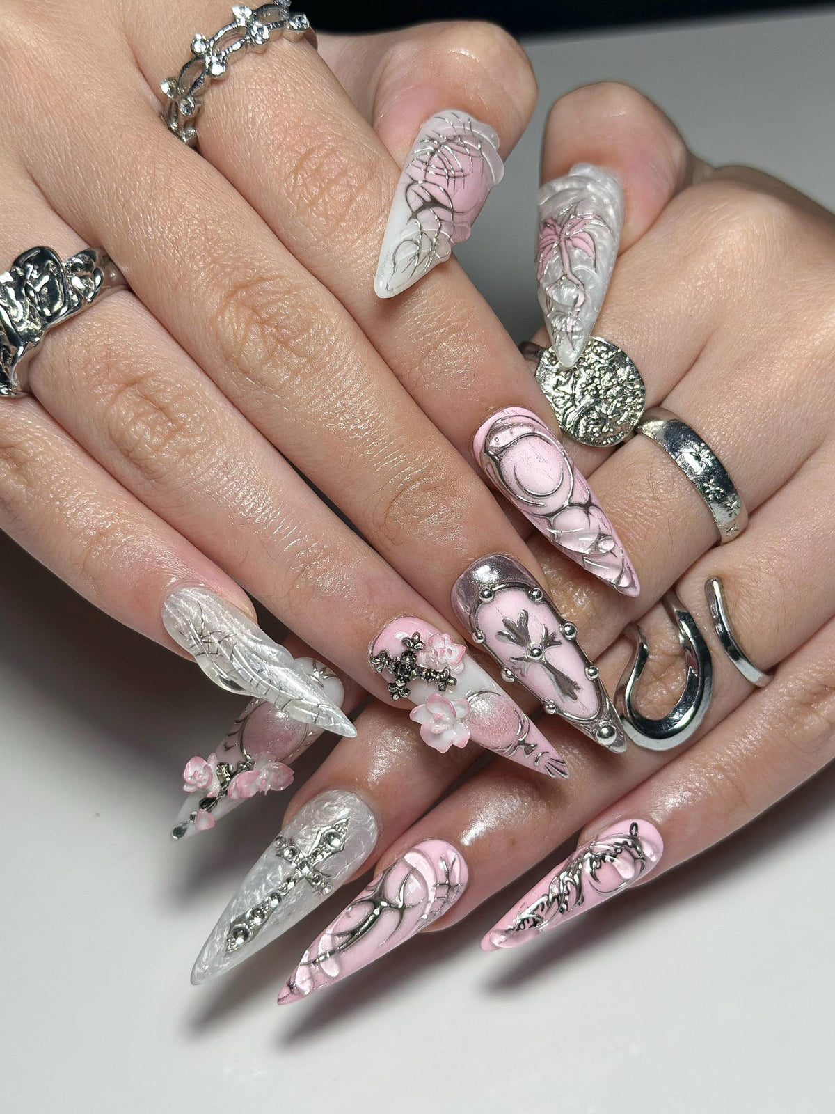 3D Pink Gothic Cyber Nails | Silver Chrome Cross Press Ons | Ethereal Grunge Liquid Metal Nails | Y2K Punk Butterfly Press Ons | OB362IC