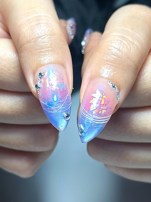 Aurora Galaxy Floral Press On Nails | Iridescent Chrome Stiletto Nails | 3D Sakura Flower Nails | Fantasy Butterfly Nail Art | OB1044HC