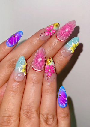 Tropical Bloom Press On Nails | 3D Flower Summer Nails | Colorful Citrus Slice Nails | Hand Painted Floral Nails | Vacation Nails | OB319H