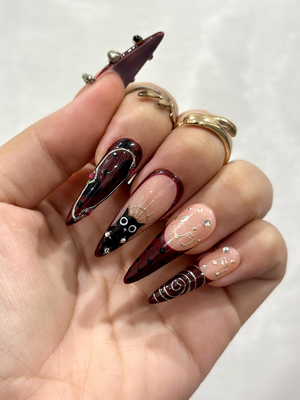Gothic Ruby Witch Press On Nails | Red Black Sorcery Nail Art | 3D Ring Accents & Mystic Symbols | Luxury Dark Glam Set | OB1202EC