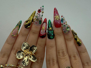 Luxe Ornament Christmas Press On Nails | 3D Holiday Nail Art | Red & Green Chrome Nails | Rhinestone Design | Festive Press Ons | OB214HC