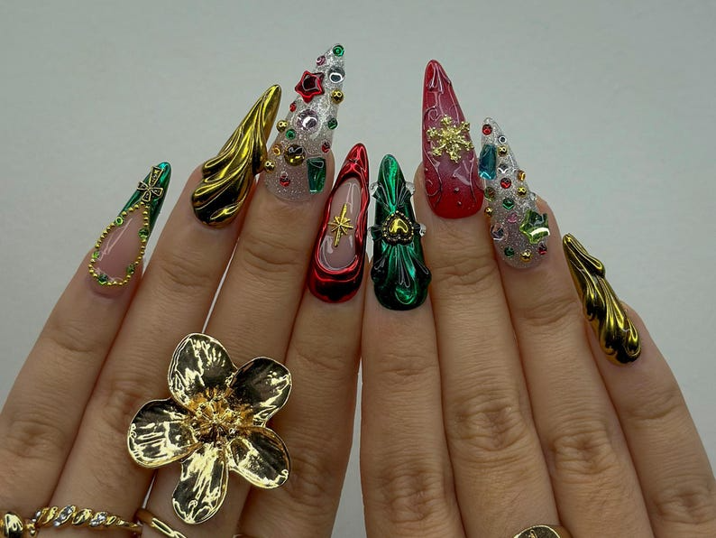 Luxe Ornament Christmas Press On Nails | 3D Holiday Nail Art | Red & Green Chrome Nails | Rhinestone Design | Festive Press Ons | OB214HC