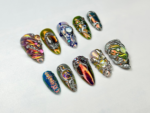 Edgy Metallic 3D Press-On Nails | Holographic Gem Nail Design | Metallic Chrome Nail Set | Chrome Press-On Nail Set | OB688H