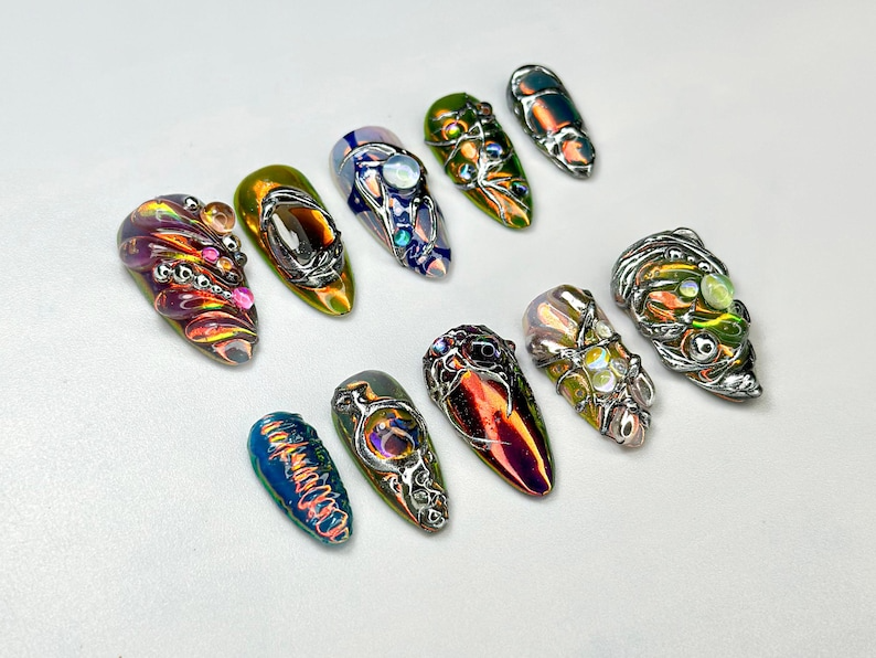 Edgy Metallic 3D Press-On Nails | Holographic Gem Nail Design | Metallic Chrome Nail Set | Chrome Press-On Nail Set | OB688H
