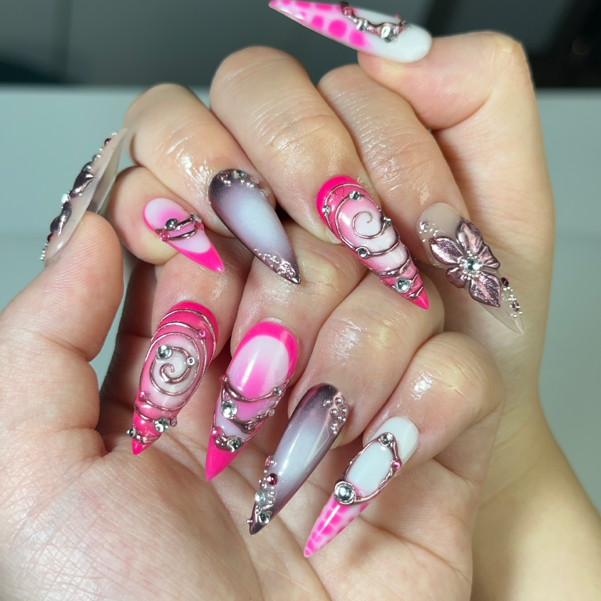 Hot Pink Press On Nails | Luxury Cyber Gyaru Stiletto Nails | 3D Chrome Flower Metallic Fake Nails | Y2K Futuristic Gift | OB406LK
