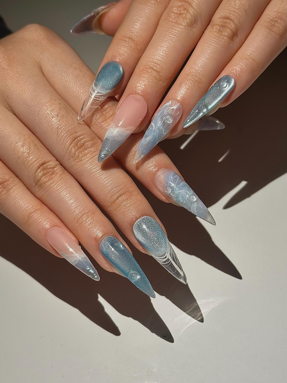 Icy Blue Ocean Press On Nails | Blue Stiletto Nails for Women | Clear French Tip Crystal Nails | Bridal Luxury Nails| Elegant Nails|OC1277HC