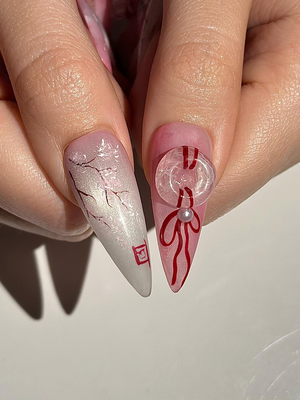 Pink Blossom Press On Nails | Pink Jelly Floral Nails | Asian Flower Nails | Romantic Spring Nails | Handmade Stiletto Press Ons | OB312HC