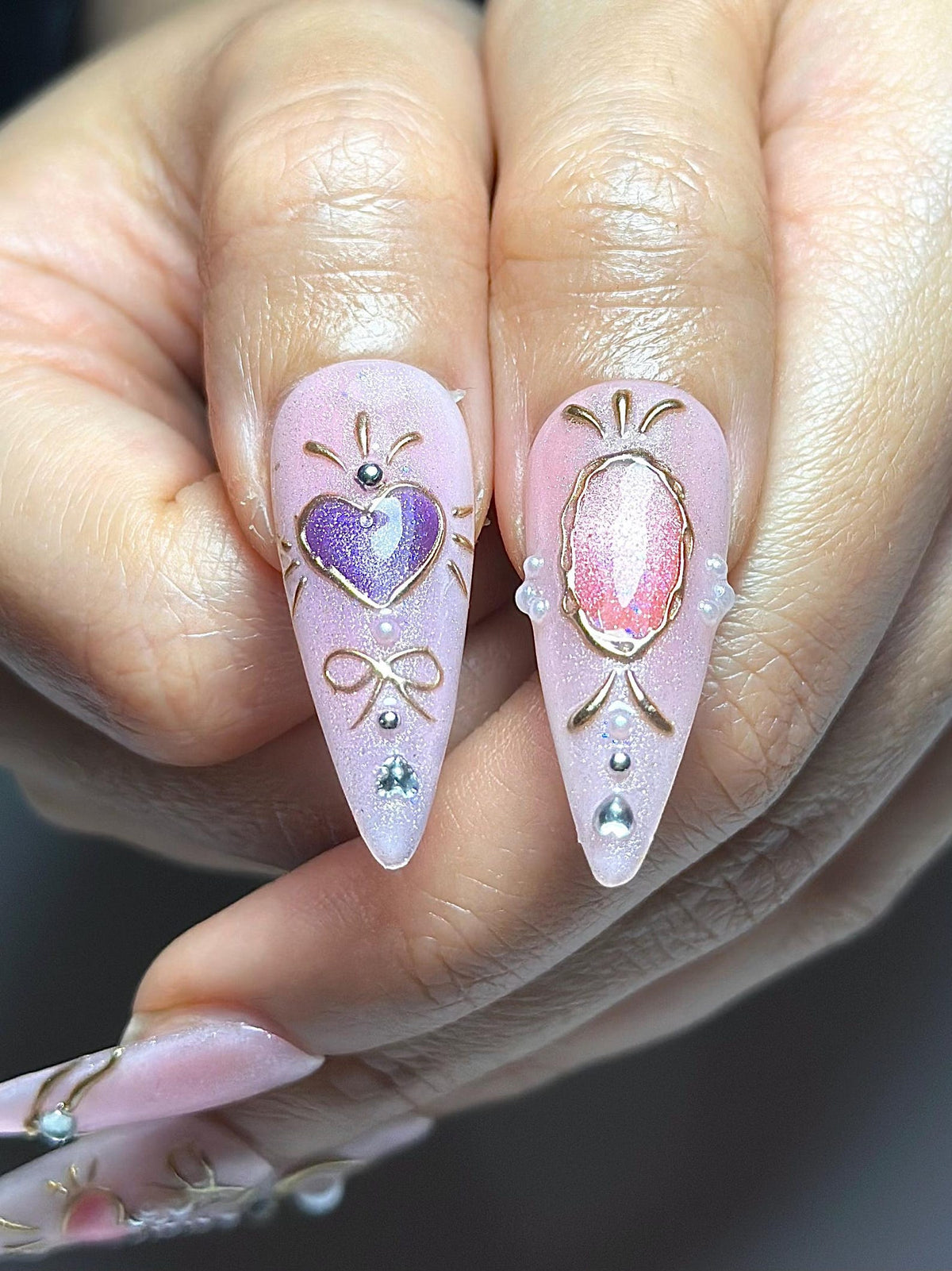 Pastel Cat Eye Press On Nails | Pink Purple Ombre Nails | Cute Heart Bow Nail Art | Elegant Gold Detail Nails| Fairycore Press Ons| OC1307HC