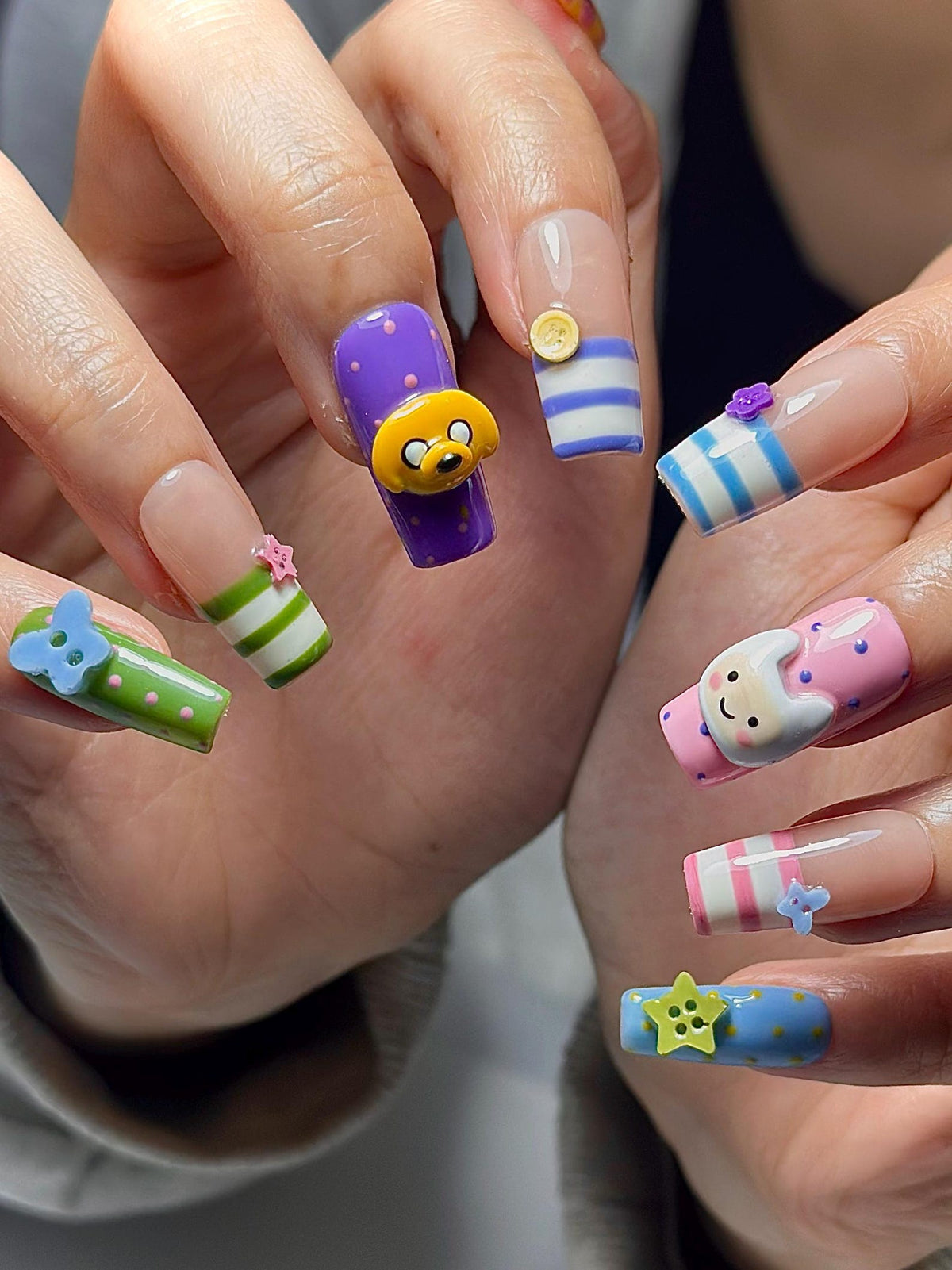 Adventure Time Press On Nails | Finn & Jake Cartoon Nails | Cute Kawaii Character Nail Art | Colorful 3D Nails | Fun Press Ons | OB331HC