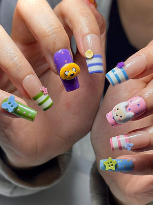 Adventure Time Press On Nails | Finn & Jake Cartoon Nails | Cute Kawaii Character Nail Art | Colorful 3D Nails | Fun Press Ons | OB331HC