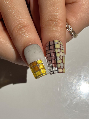 Abstract Texture Press On Nails, Mixed Media Artisan Nails with 3D Foliage, Handcrafted Gemstone and Mosaic Tile Reusable Nails, OB306HC