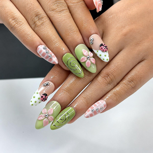 Ladybug Press On Nails Almond • Spring Garden Gift • Pink Green 3D Flower Cute Kawaii Handmade Fake Nails Reusable Set Floral Gift | OB428LG