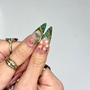 3D Tropical Flower Fairy Press On Nails | Colorful Floral & Green Vine Art | Whimsical Stiletto Design | Summer Festival Wedding | OB90DG