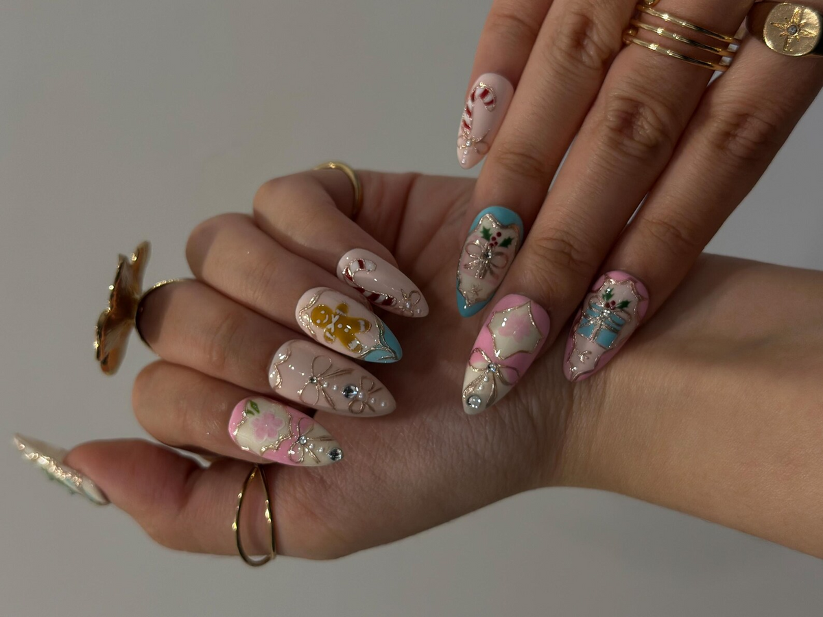 Pink Pastel Christmas Press On Nails | Pastel | Gingerbread & Candy Cane Nails | Pink Christmas Press Ons | Cute Festive Design | OB218HC