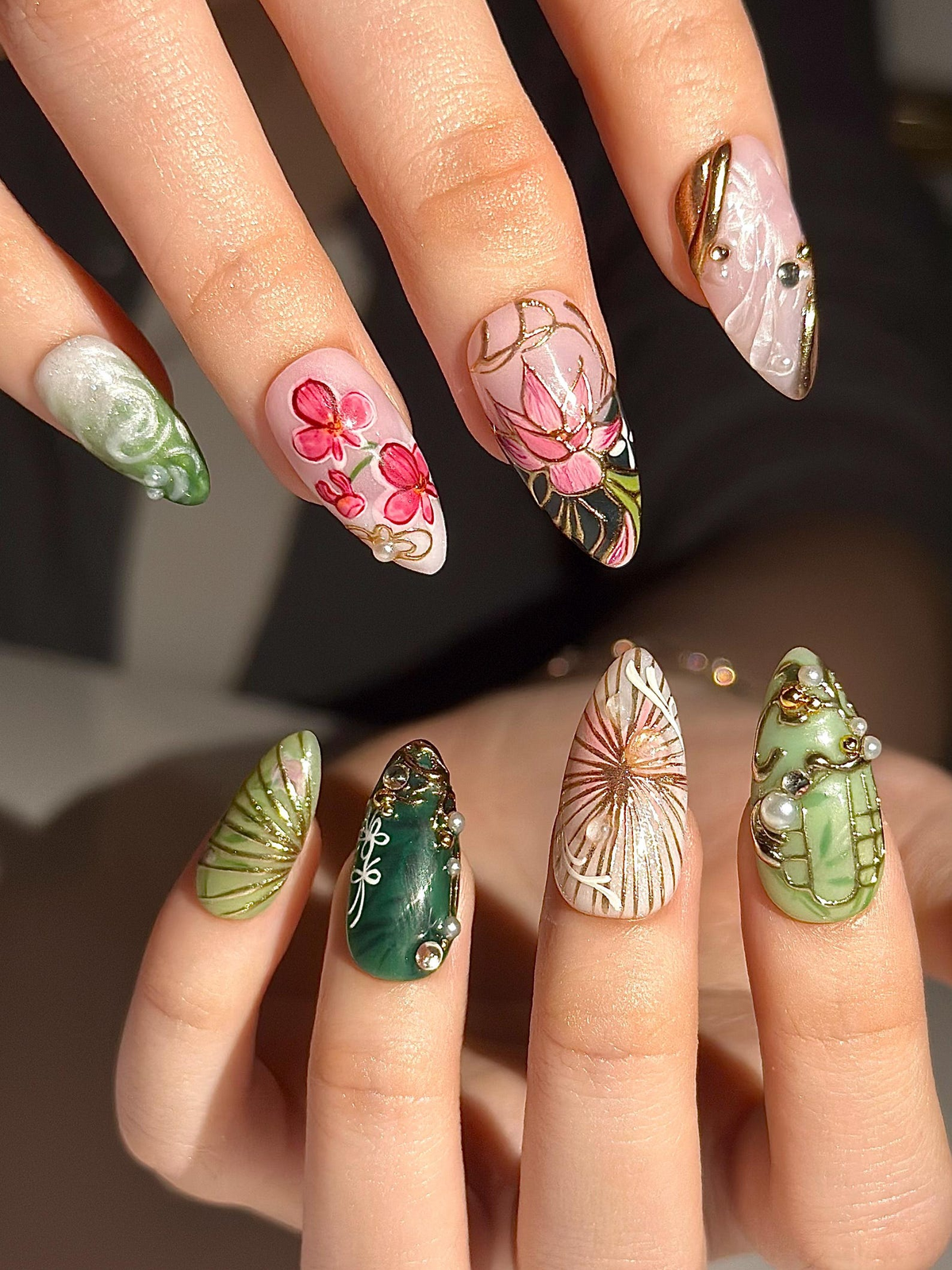 Asian Inspired Luxury Press On Nails | Jade Green Gold Floral Nails | Handpainted Pagoda Nail Art | Elegant Statement Press Ons | OB309HC