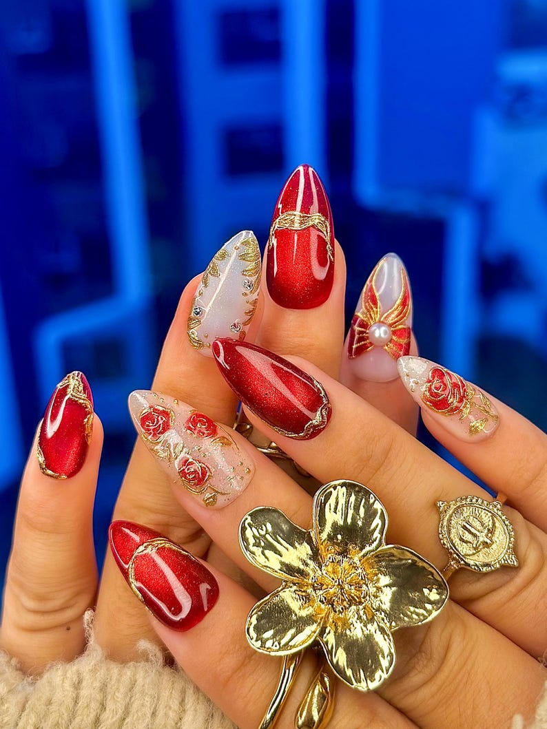 Press On Nails For Christmas | Holiday Christmas Nails | Gold Leaf Luxury Nail Art | Pearl Accent Classy Nails | OB210EC