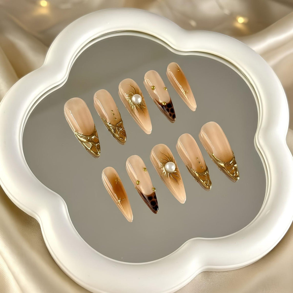 Gold Sun Pearl Press On Nails | Shiny Jelly Brown Nails | Luxury Gold Swirl Art | Bold Party Night | Elegant Prom Wedding Set | OB95DK