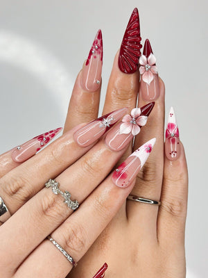 Deep Lily & Crimson Ripple Nails | 3D Floral Dark Red Press Ons | Luxury Moody Romantic Burgundy Stiletto Art | OB370IC