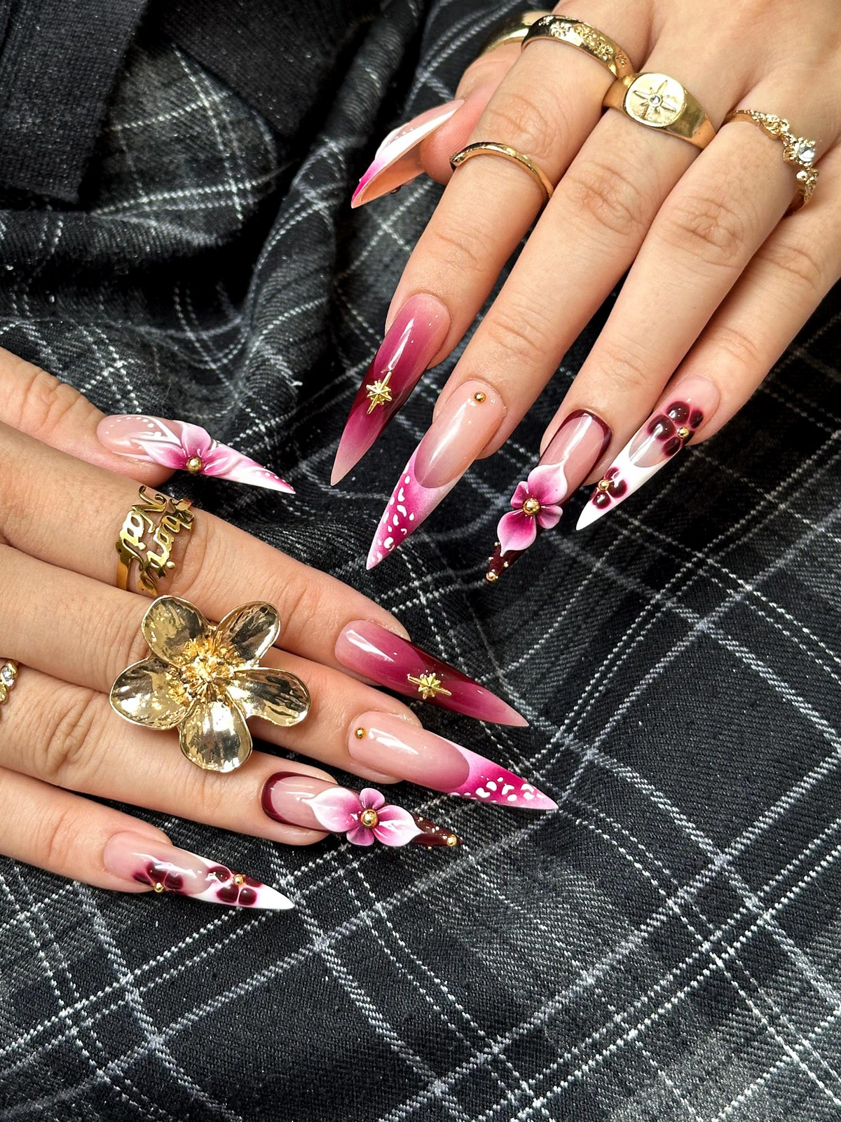 Elegant Floral Press On Nails | 3D Floral Ombre Nails | Burgundy & Pink Gradient Nail Art | Luxury Handmade Press Ons | OC881HC