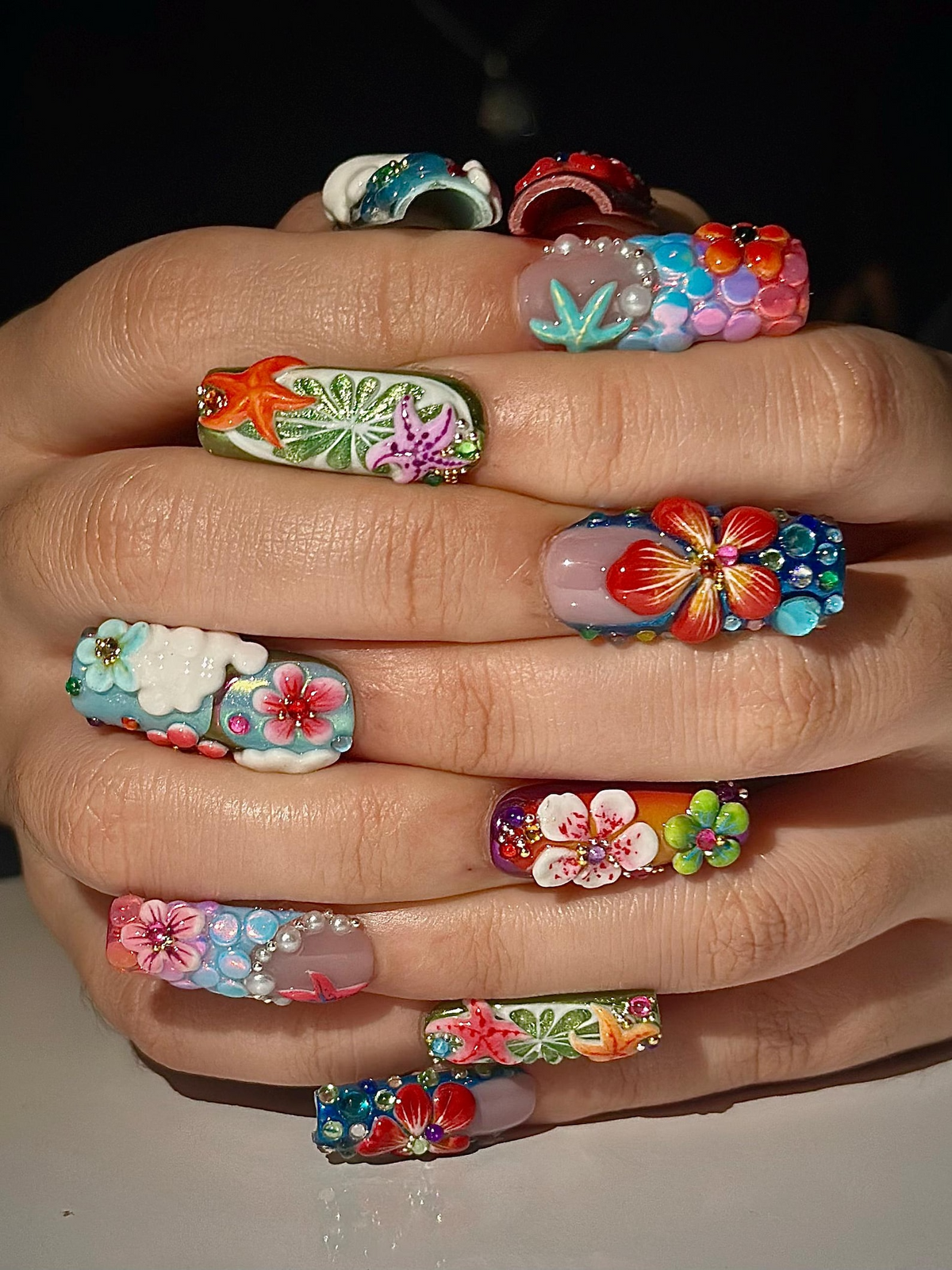 Midnight Sun Press On Nails for Festival | Colorful 3D Flower Nails | Festival Nail | Tropical Summer Luxury Nails | Artistic Nails| OA300HC