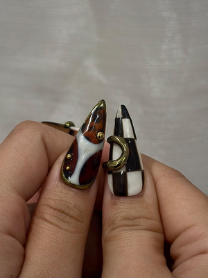Brown Gold Luxe Press On Nails | Sculptural Ring Nail Art | Luxury Jewelry Inspired Nails | High Fashion Press Ons | Luxury Nail | OB262HK