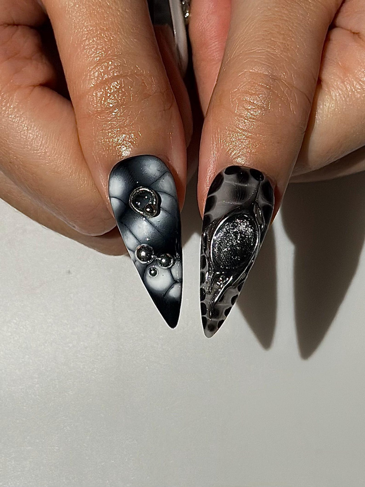 Gothic Silver Flower Press On Nails | Black White Stiletto Nails | Dark Floral Nail Set | Edgy Gothic Nails | Handmade Press Ons | OC1297HC