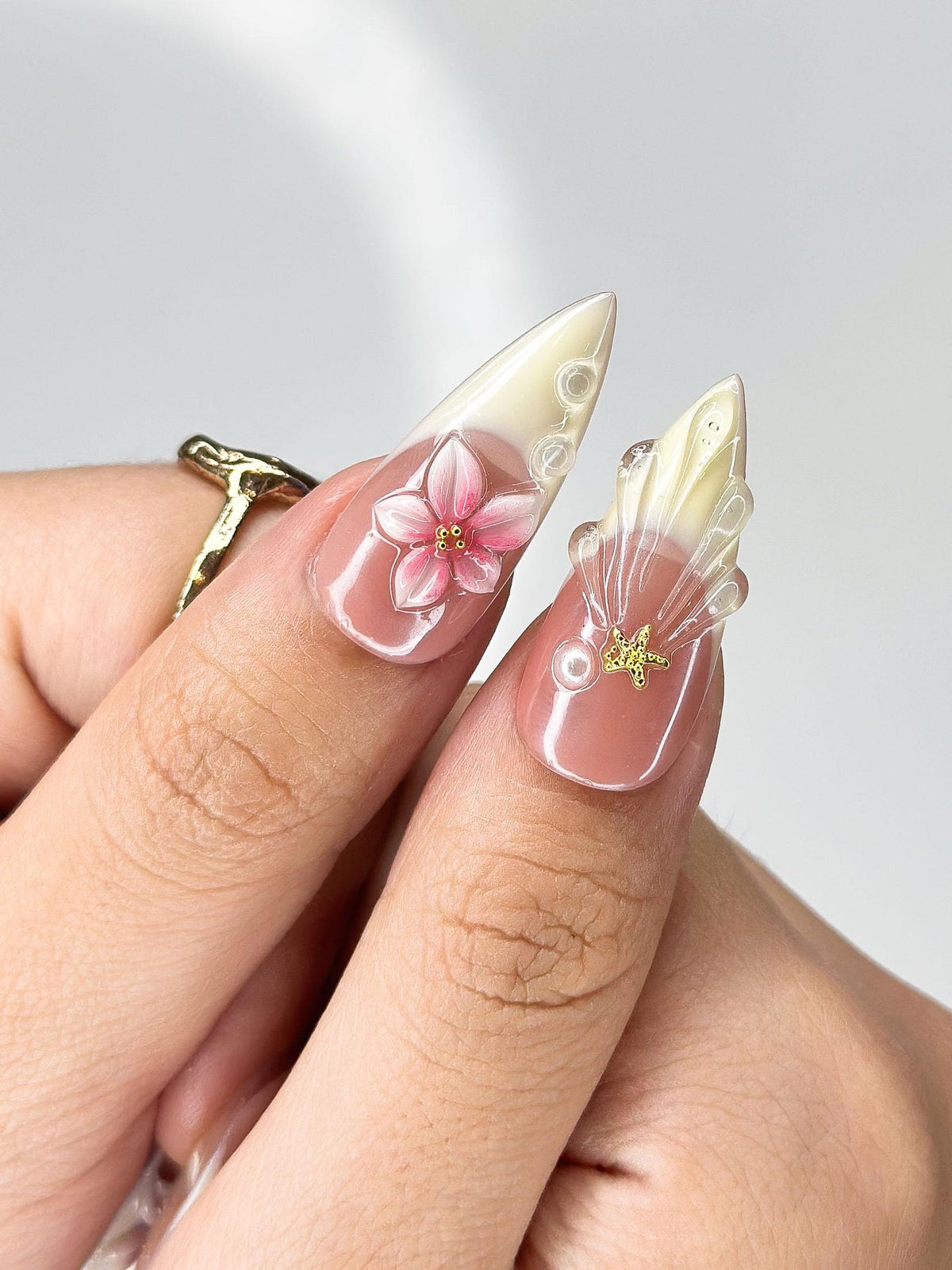 3D Pink Lily & Lemon French Nails | Summer Ocean Shell Press Ons | Luxury Tropical Botanical Stiletto Art | OB373IC