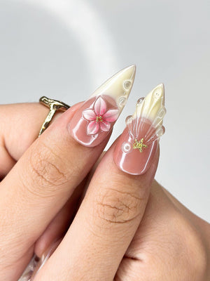 3D Pink Lily & Lemon French Nails | Summer Ocean Shell Press Ons | Luxury Tropical Botanical Stiletto Art | OB373IC
