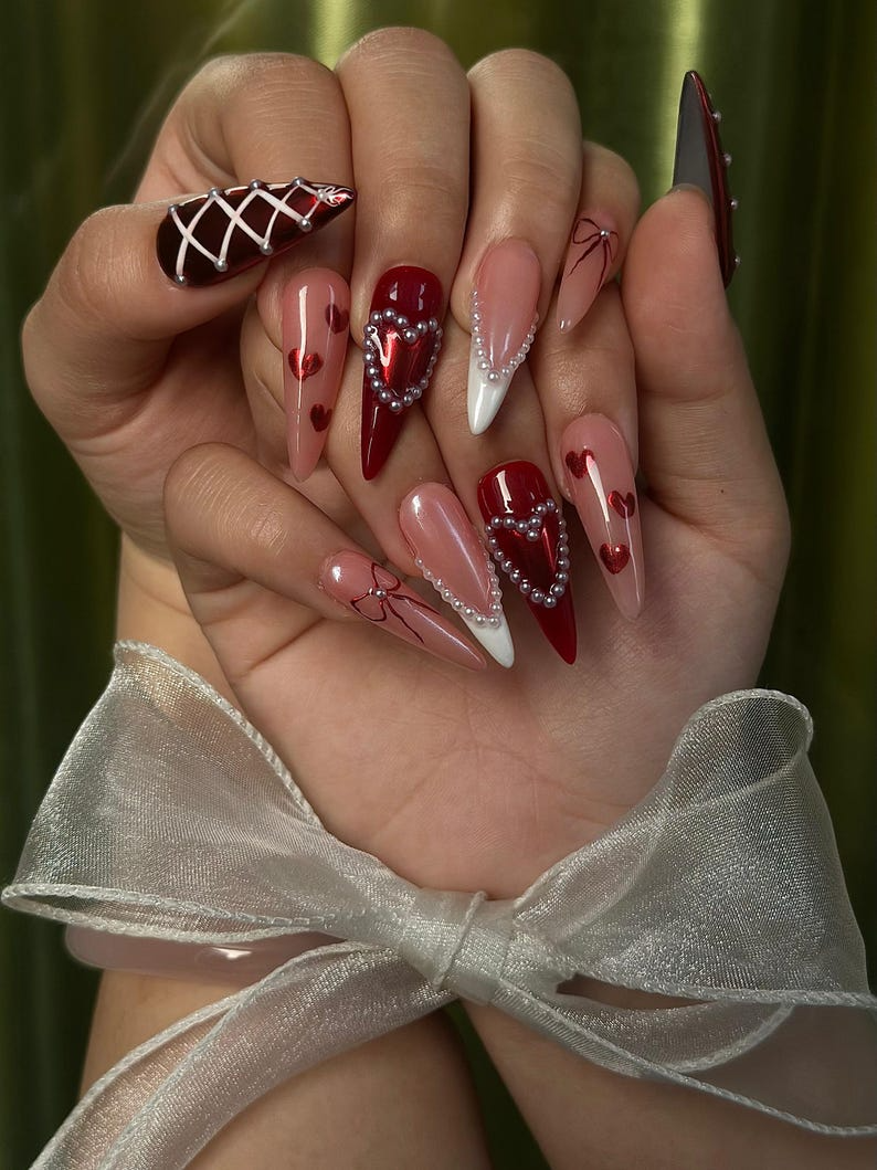 Red Burgundy Valentine Press Ons OB123L